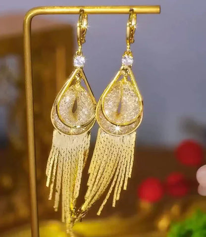 Mesh crystal tassel earrings24k gold plated)